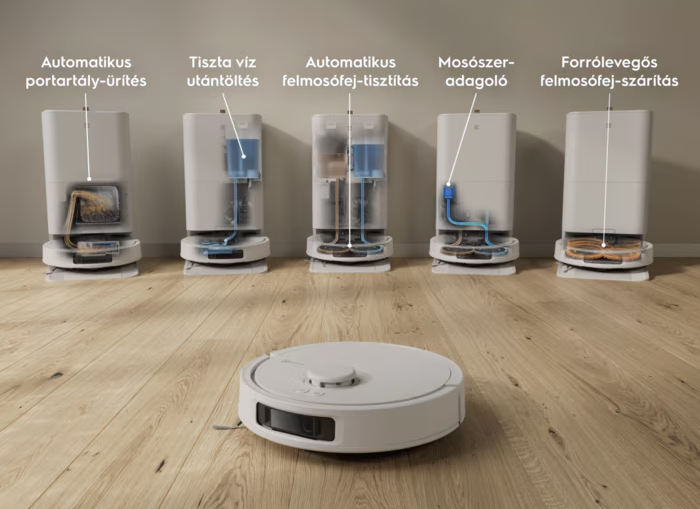 Robotporszívó állomás öt funkcióval: ürítés, vízutántöltés, tisztítás, adagolás, szárítás.