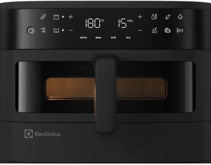 Fekete Electrolux légkeveréses sütő digitális kijelzővel, 180°C, 15 perc.