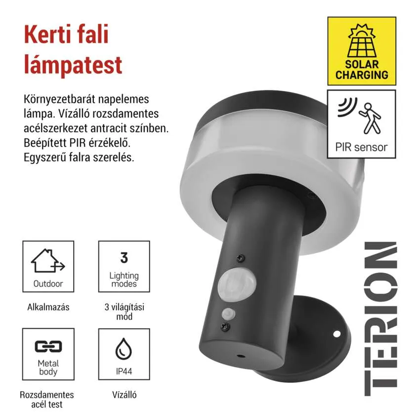Kültéri napelemes fali lámpa, antracit, PIR szenzor, 3 világítási mód.