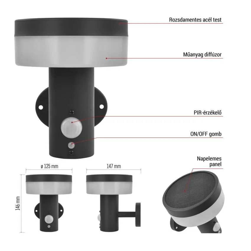 Fekete fali lámpa PIR érzékelővel. Méretek: 146mm magas, 125mm széles.