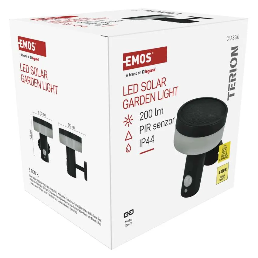EMOS LED napelemes kerti lámpa csomagolása termékképekkel és specifikációkkal.