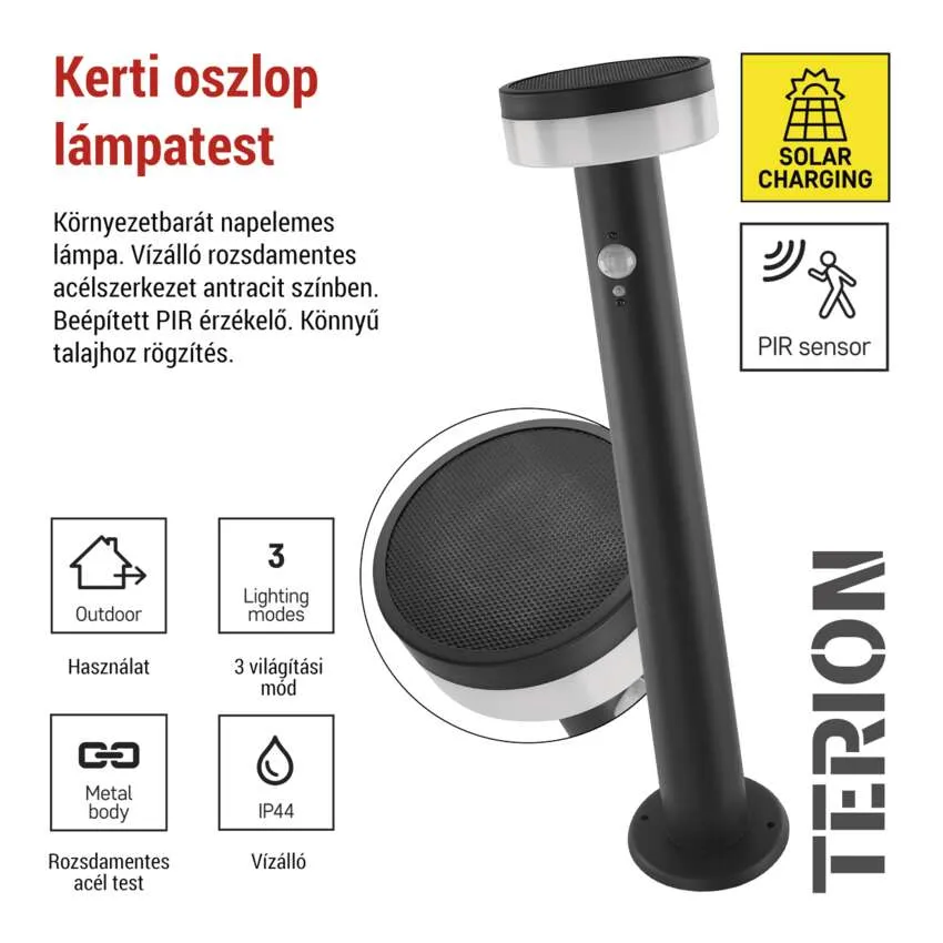 Fekete napelemes kerti lámpa PIR-érzékelővel, IP44 védelem, 3 mód.