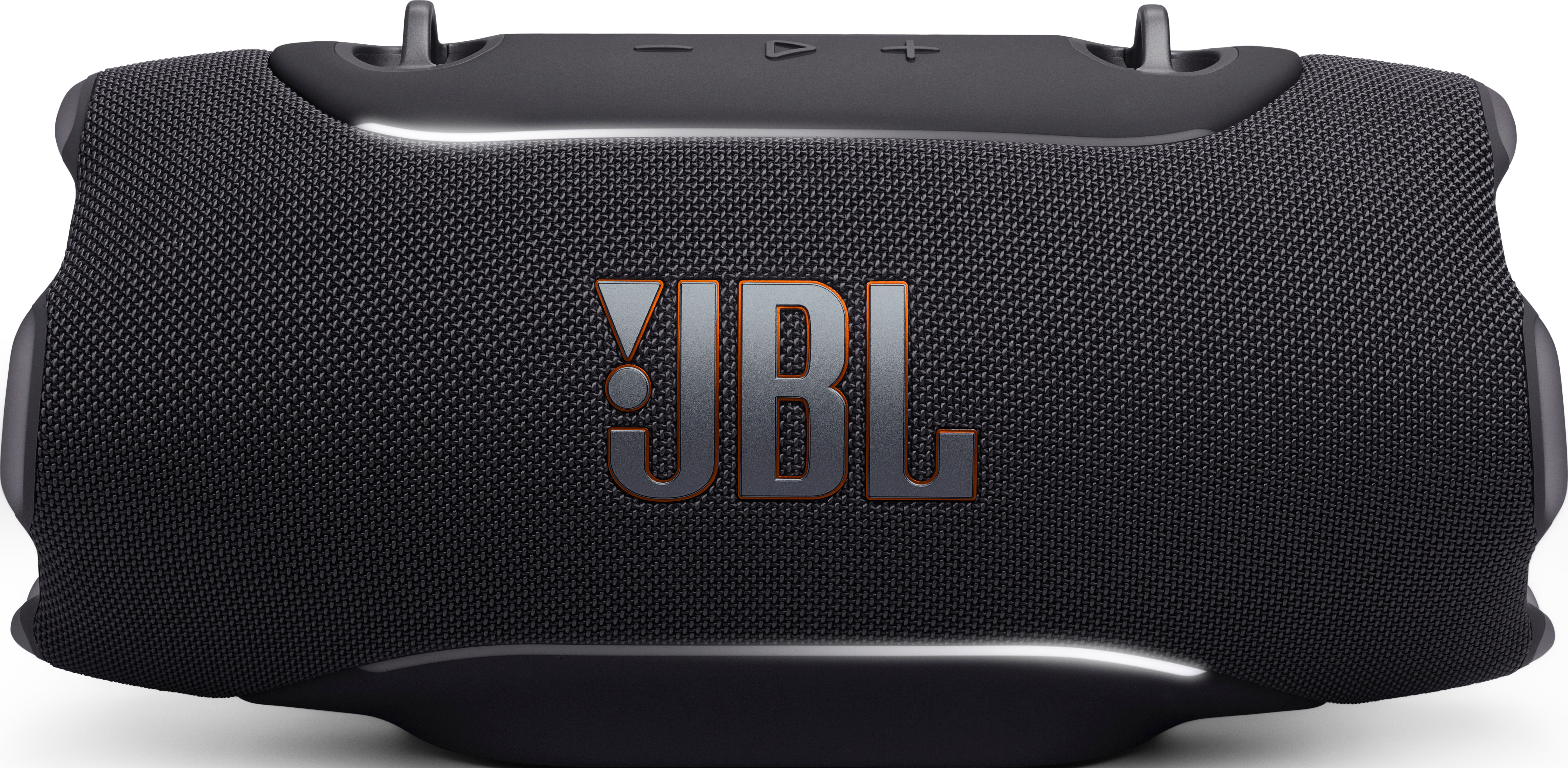 Enceinte JBL noire avec logo argenté et accents lumineux.