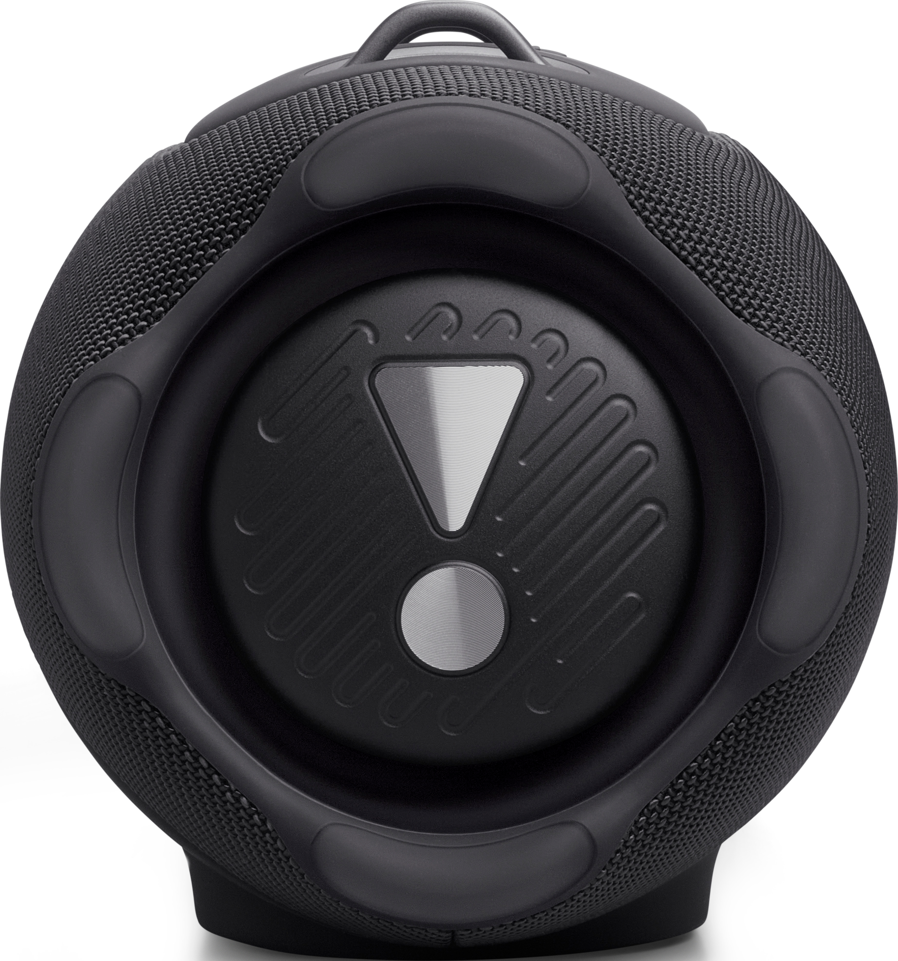 Enceinte ronde noire avec logo JBL, poignée de transport dessus et texture grille.