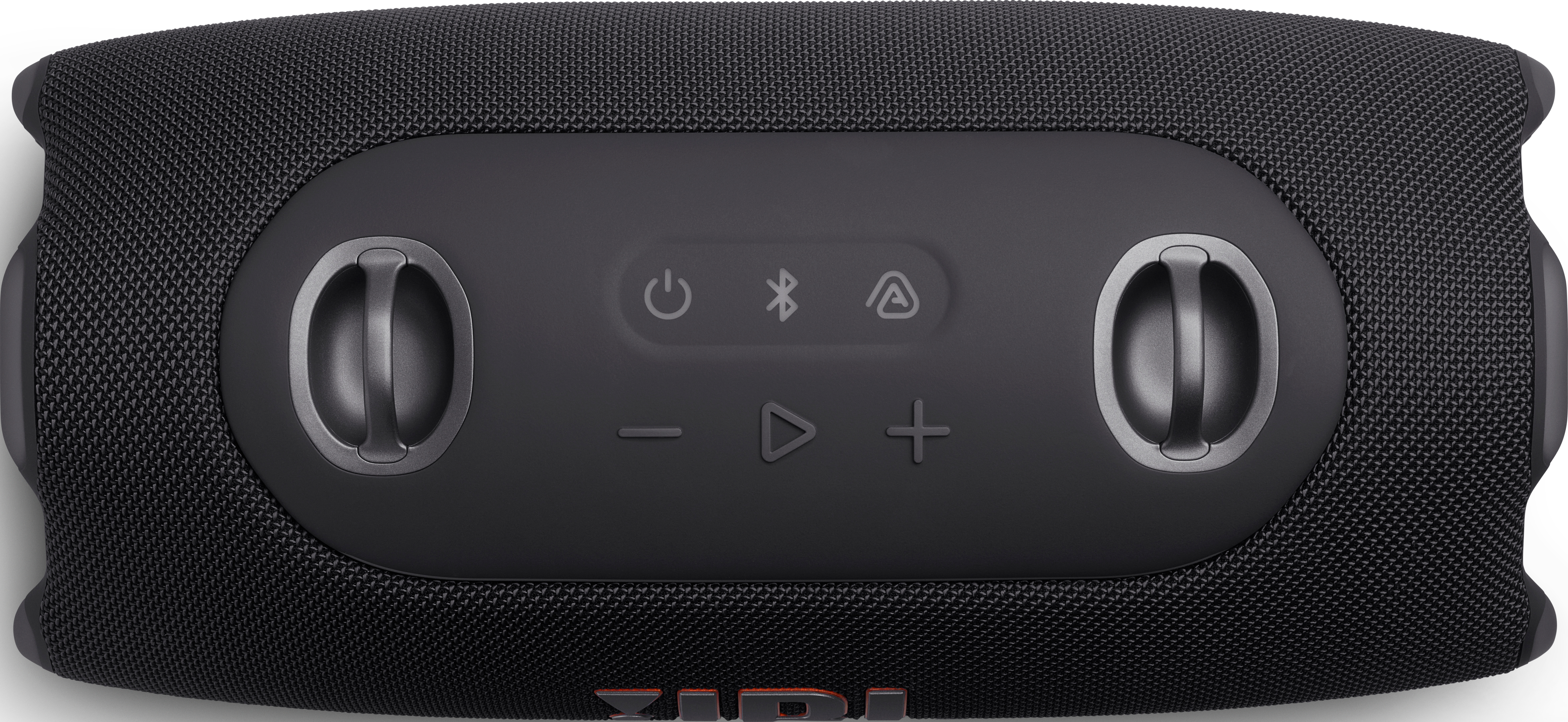 Enceinte noire avec boutons de commande et poignées.