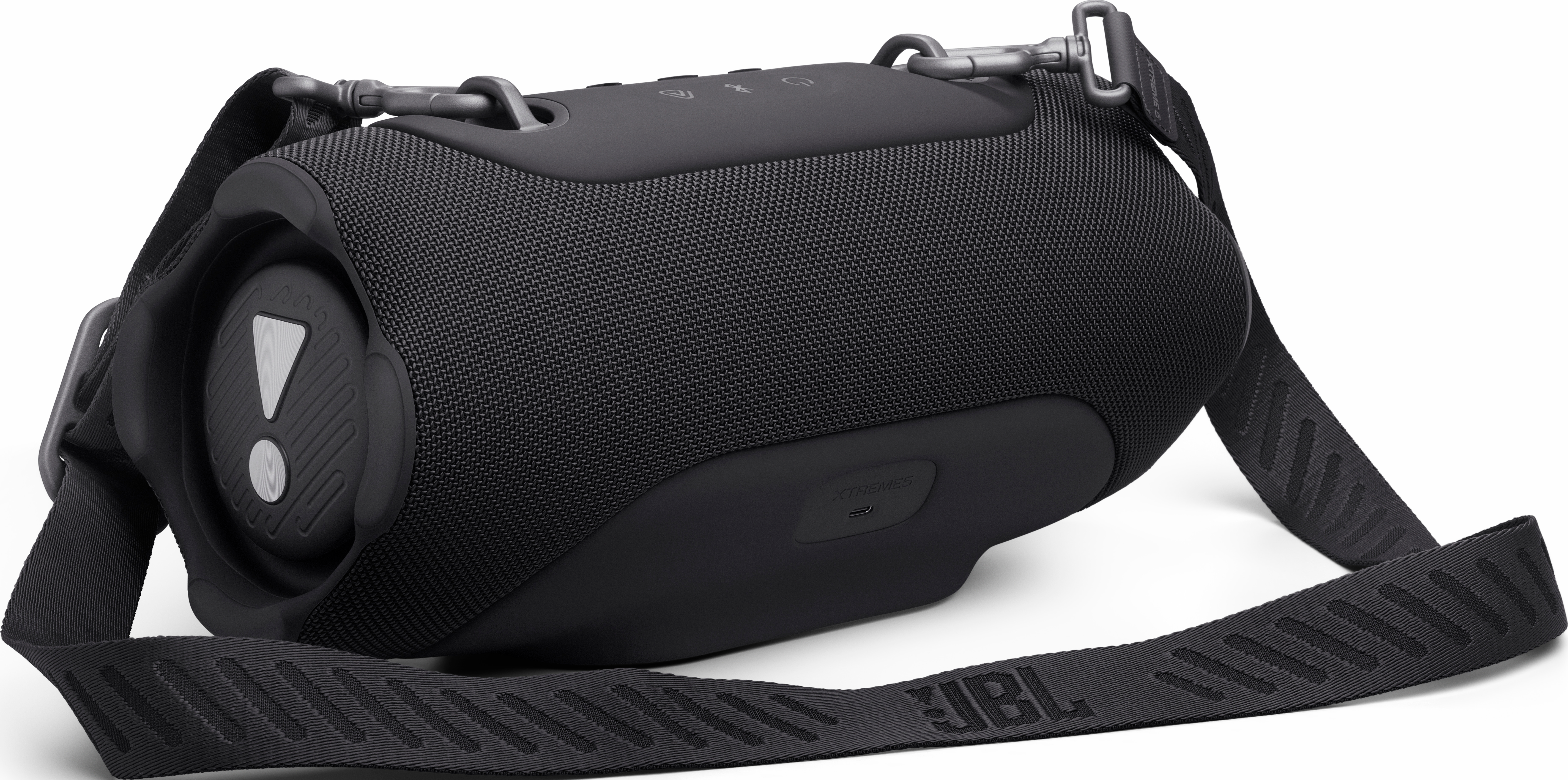 Enceinte JBL noire avec sangle, sur fond blanc.
