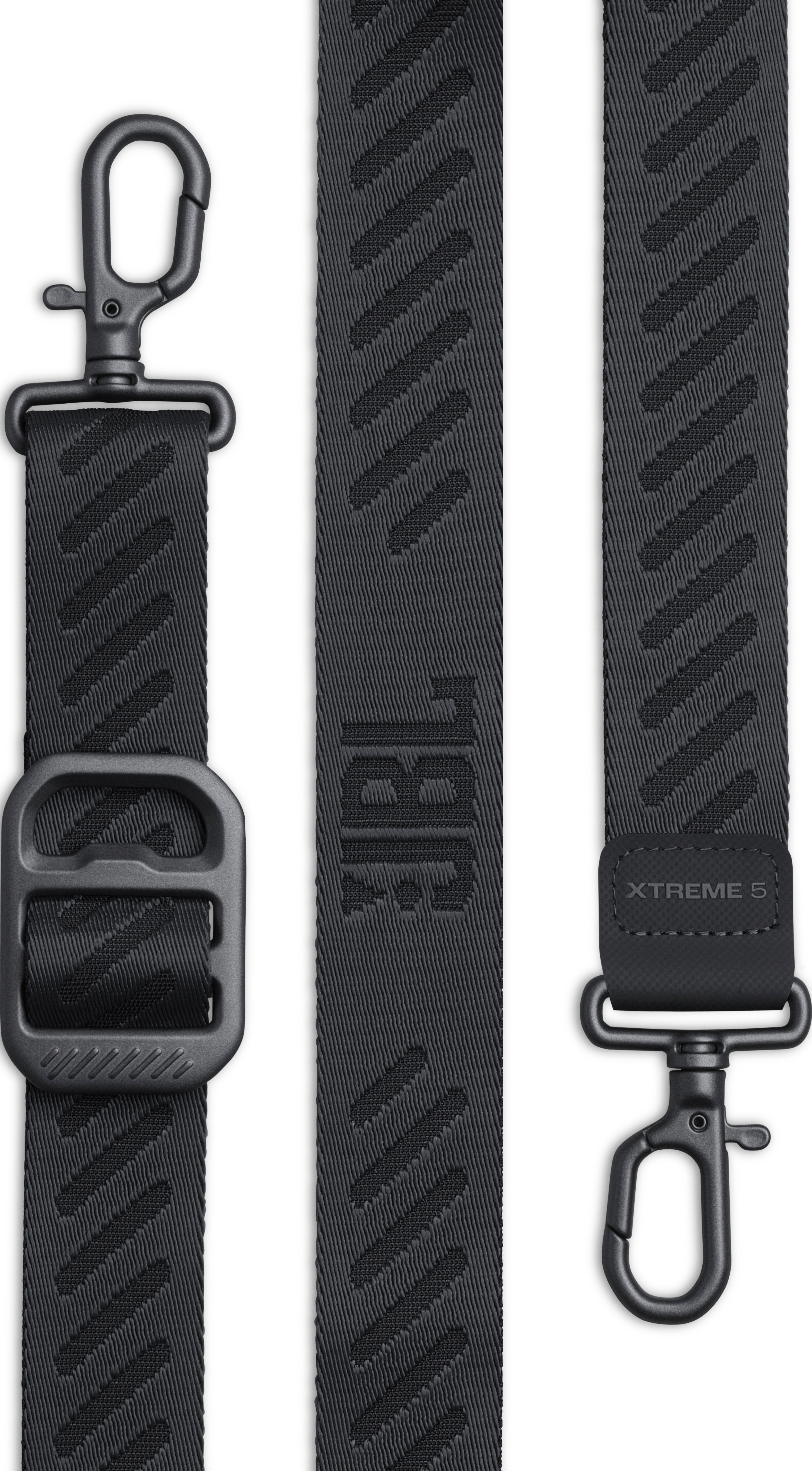 Sangle noire avec lignes diagonales, logo JBL, boucle et mousqueton.