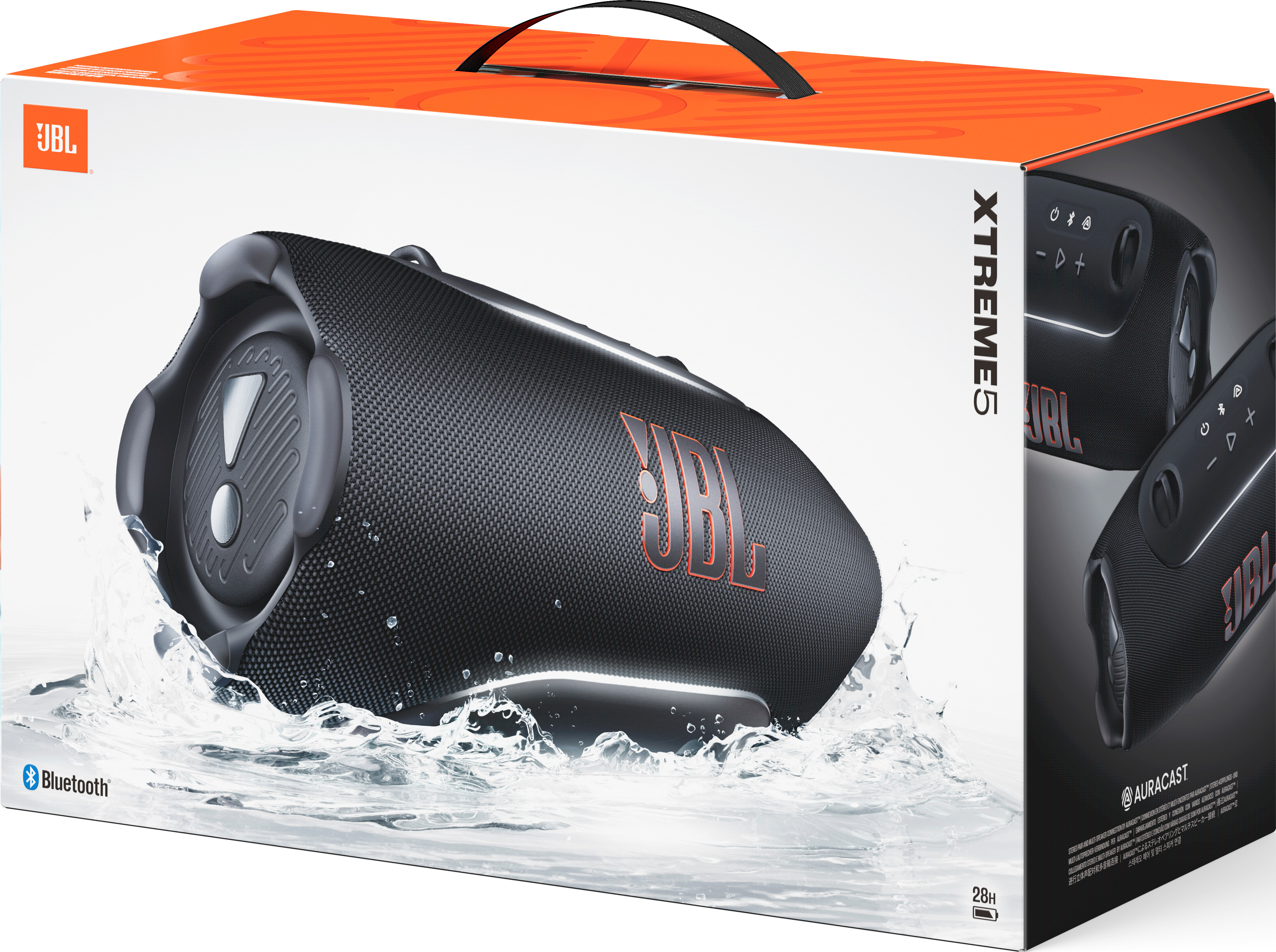 Enceinte JBL Xtreme 5 dans une boîte avec des éclaboussures d'eau.