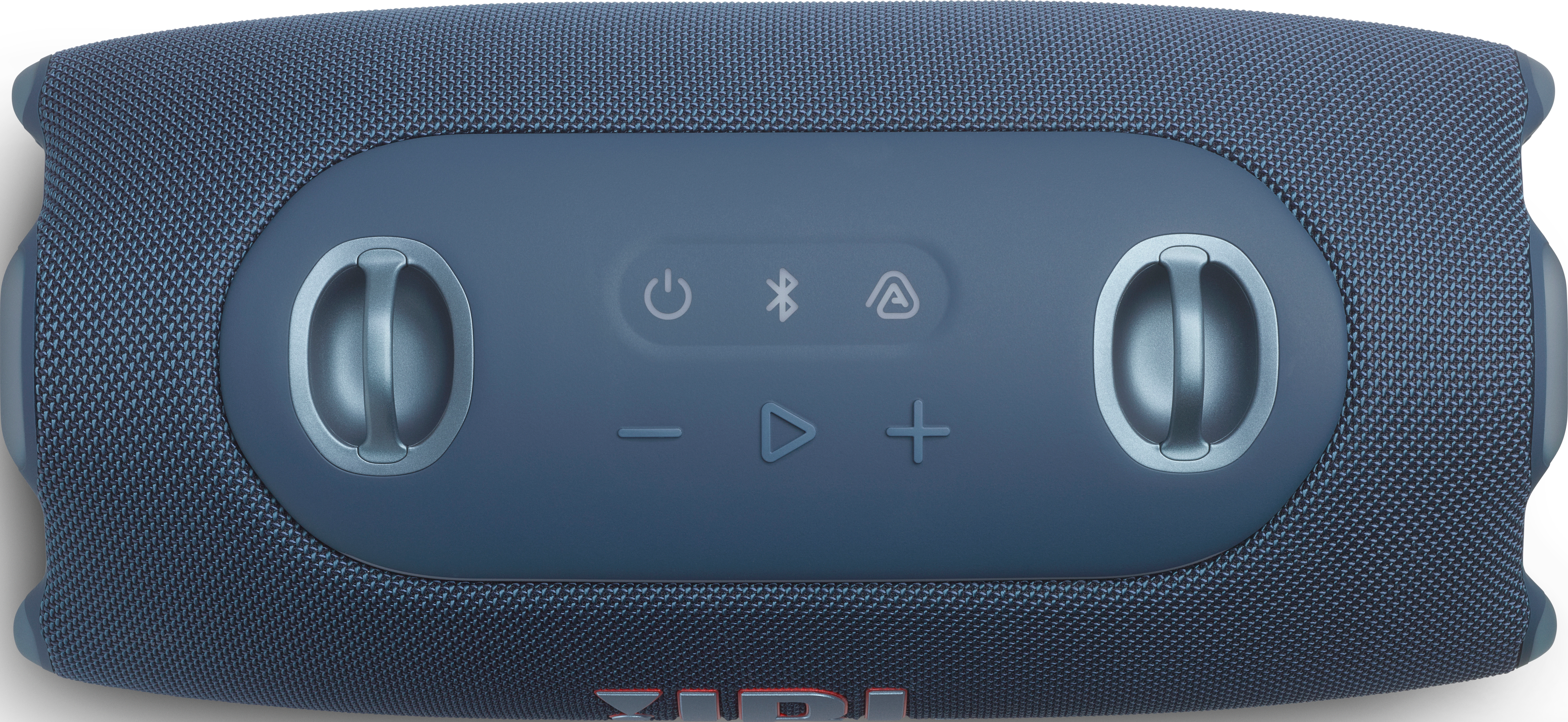 Eine blaue Bluetooth-Box mit Bedienelementen wie Ein/Aus, Play, Lautstärke und Bluetooth-Symbol.