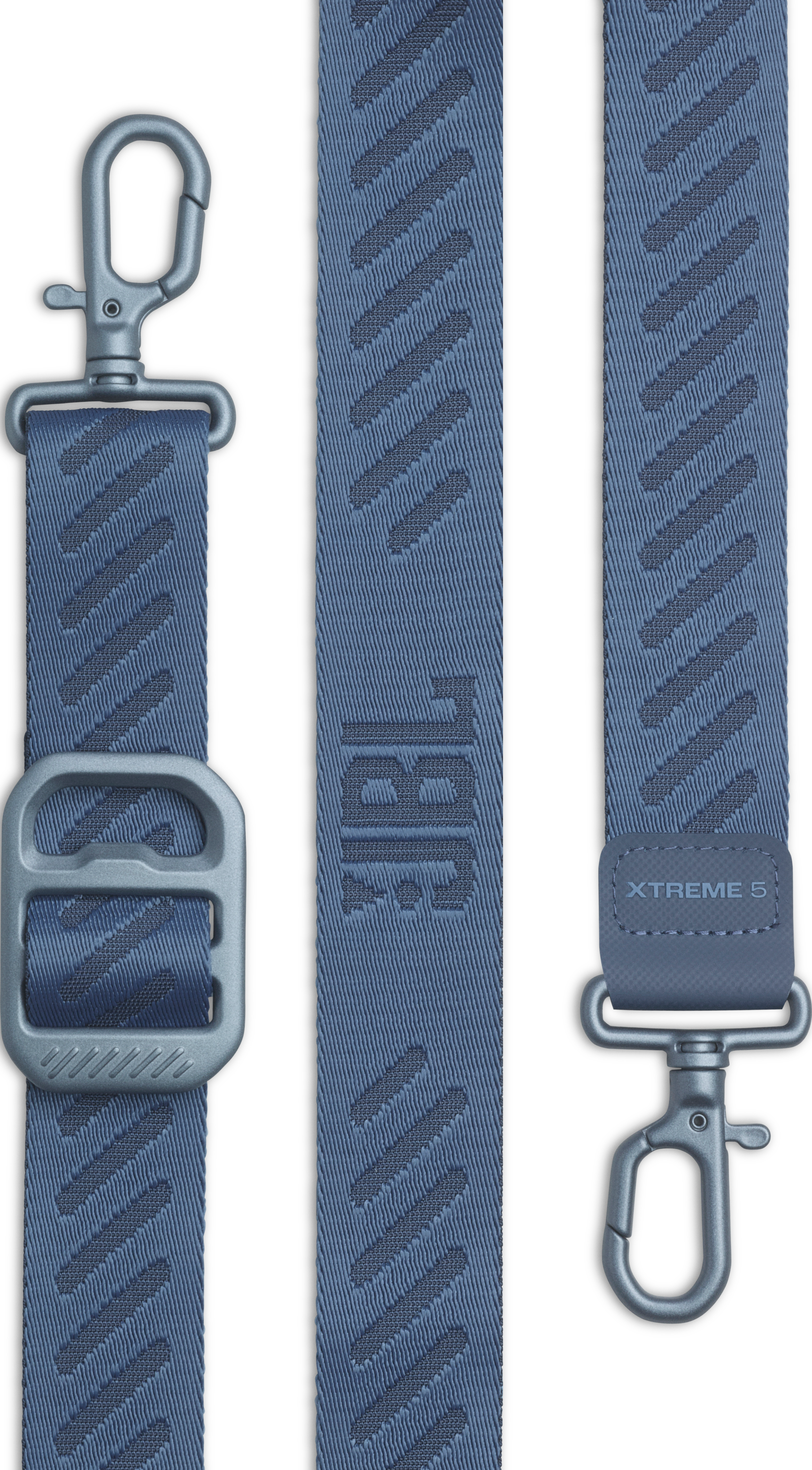 Blauer Gurt mit diagonalen Streifen und JBL-Logo. Metallclip und -ring.