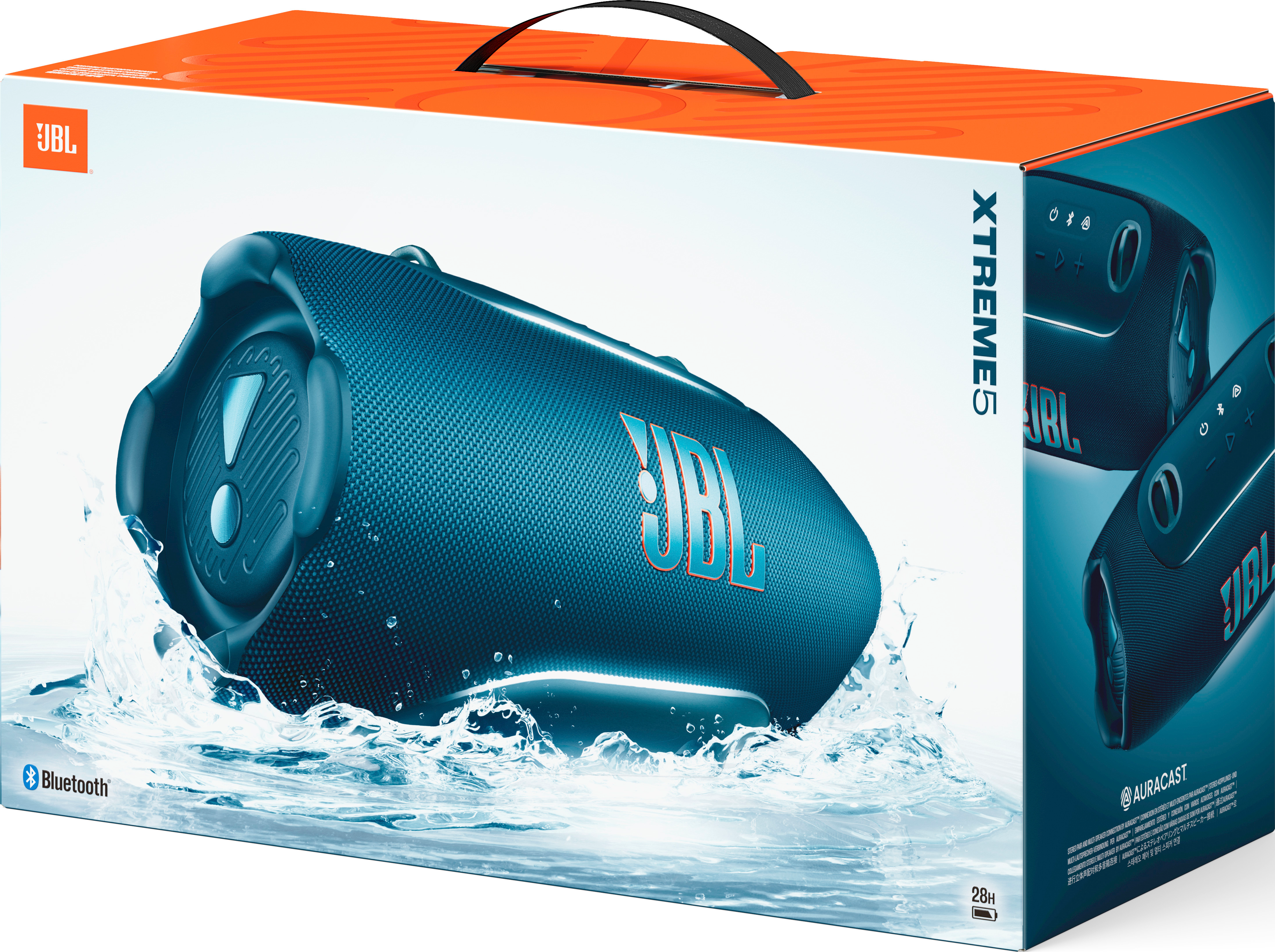 Verpackung eines JBL Xtreme 5 Lautsprechers mit Wasser-Effekt.