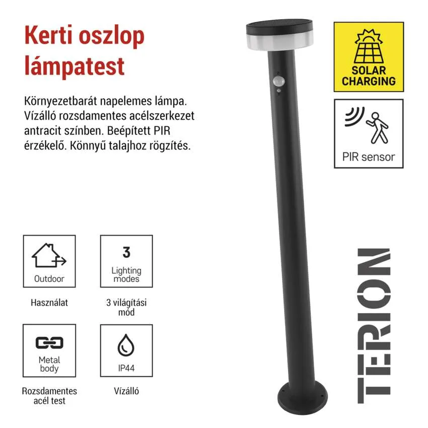 Fekete rozsdamentes acél napelemes kerti lámpa PIR szenzorral, 3 móddal, IP44.