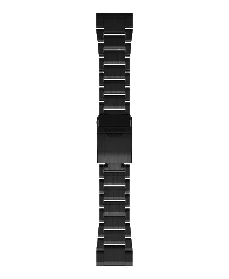Ein schwarzes Metallarmband mit Garmin-Logo auf dem Verschluss.