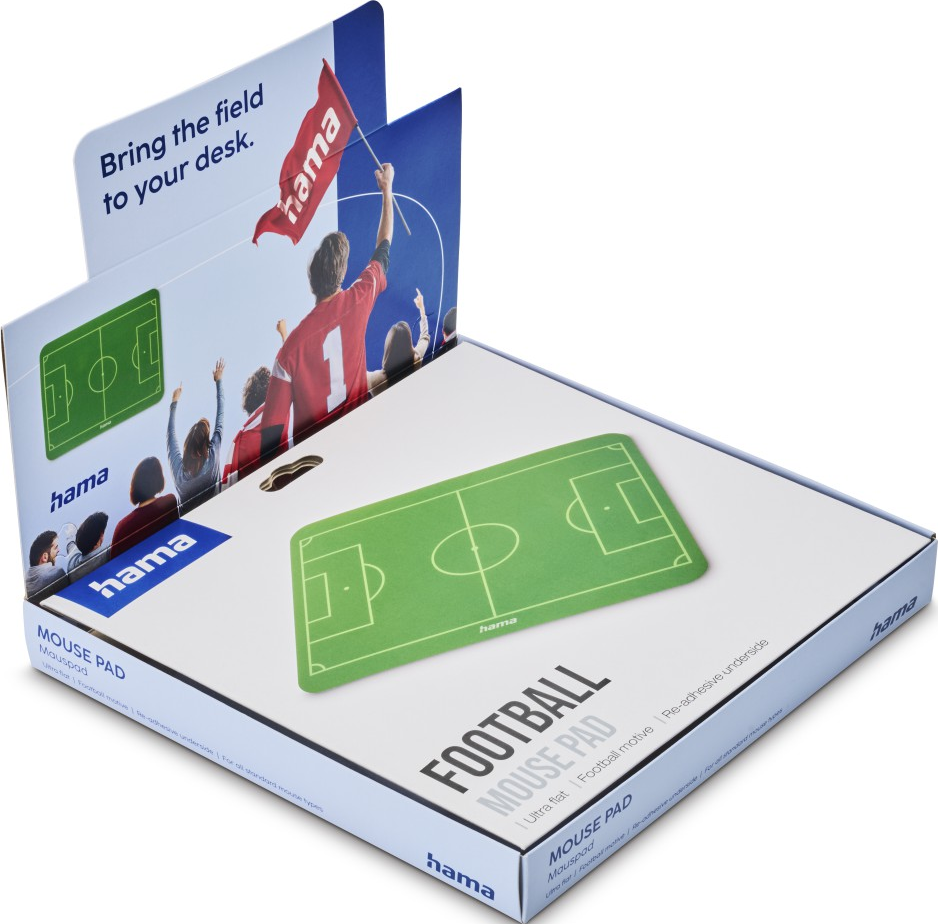 Tappetino per mouse da calcio su confezione con motivo calcistico e tifosi.