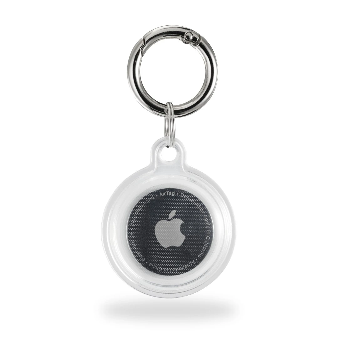 Ein transparenter Anhänger mit einem silbernen Schlüsselring, der einen Apple AirTag hält.