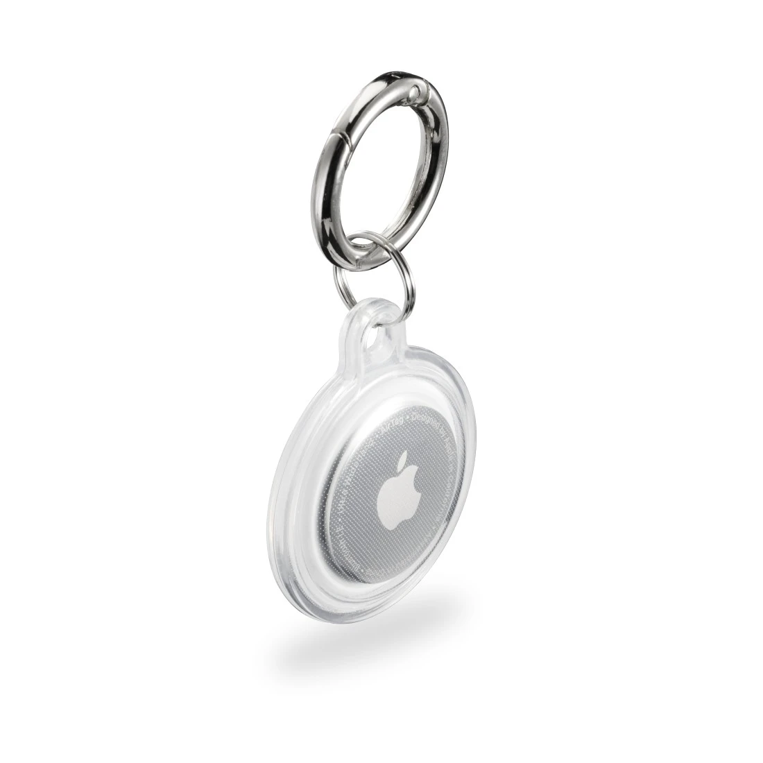 Transparenter Anhänger mit Apple-Logo und Schlüsselring.