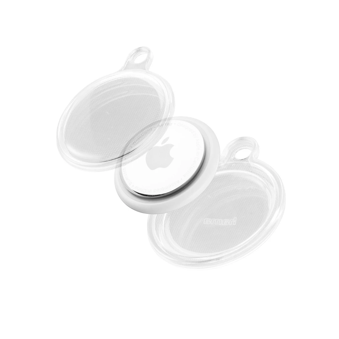 Ein weißer AirTag mit einem transparenten Schutzgehäuse, das zerlegt ist.