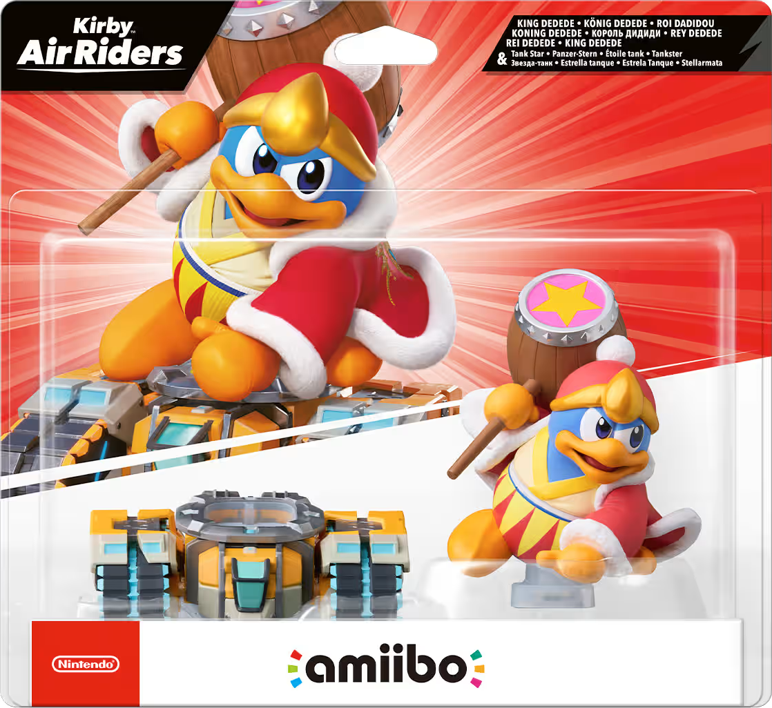 King Dedede Amiibo-Figuren im Kirby Air Riders-Design mit Fahrzeugen.