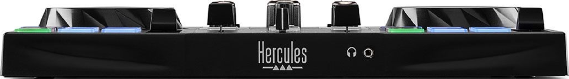 Schwarzer Hercules DJ-Controller mit Knöpfen, Lichtern und Anschlüssen.