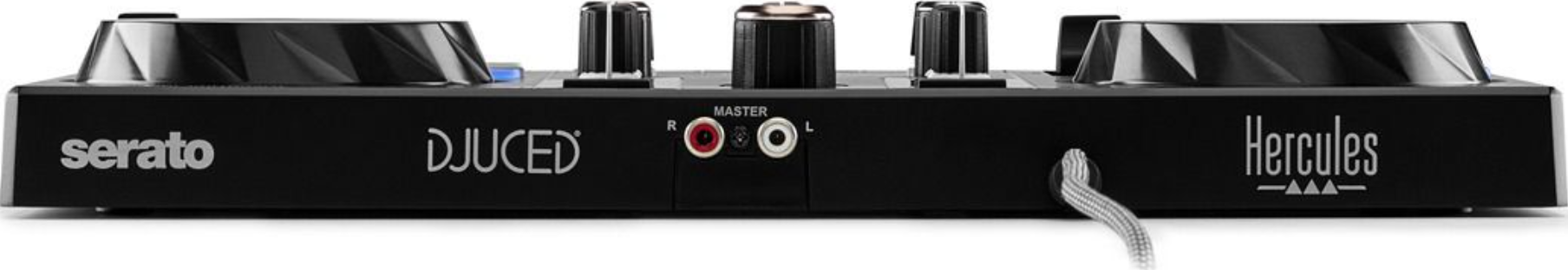Schwarzer DJ-Controller mit Reglern und Anschlüssen, Marke Hercules und Serato.
