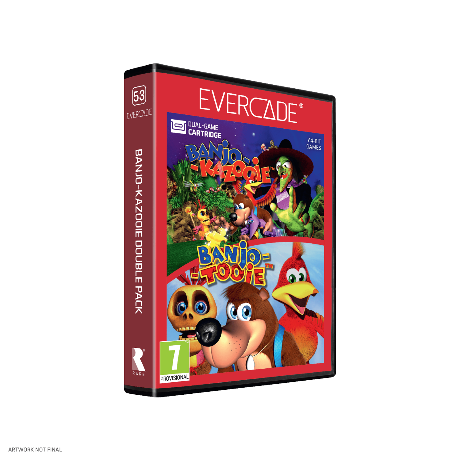 Caja Evercade con Banjo-Kazooie y Banjo-Tooie, mostrando personajes y logos del juego.