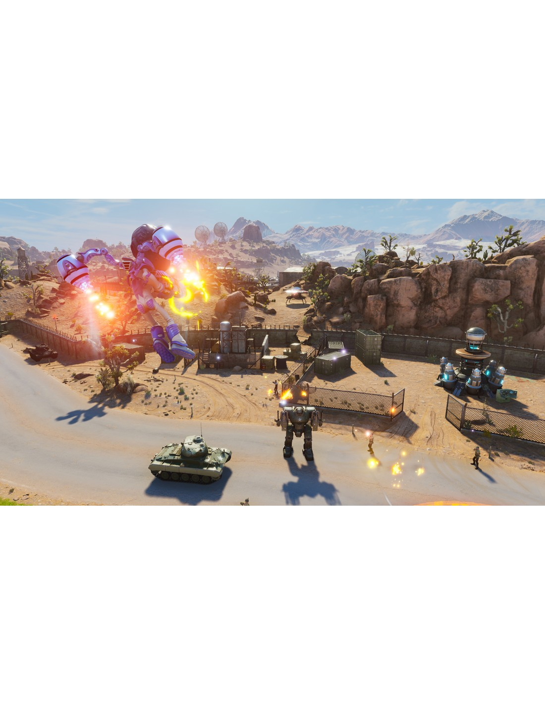 Un mecha y un tanque luchan en un paisaje desértico con edificios y montañas.