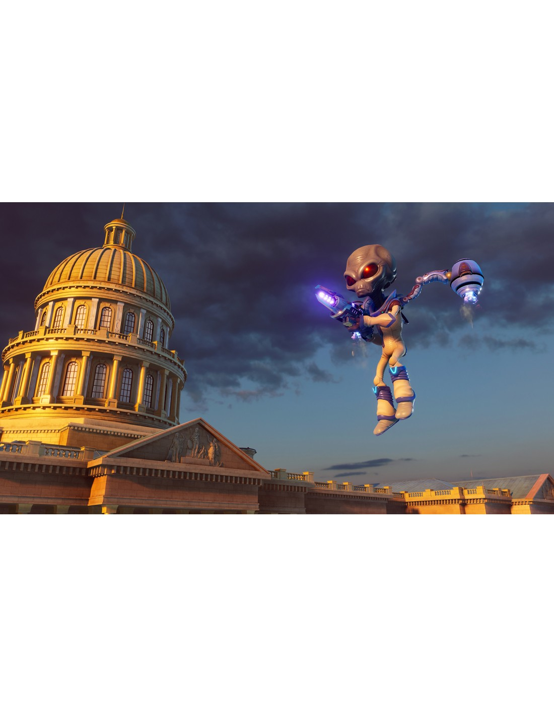 Un alien con un arma vuela frente a un edificio con cúpula.
