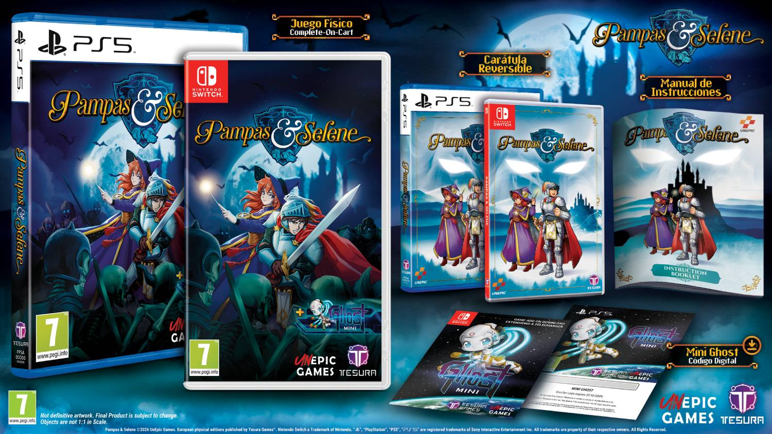 Cajas de juegos y manuales de Pampas & Selene y Mini Ghost en PS5 y Switch.