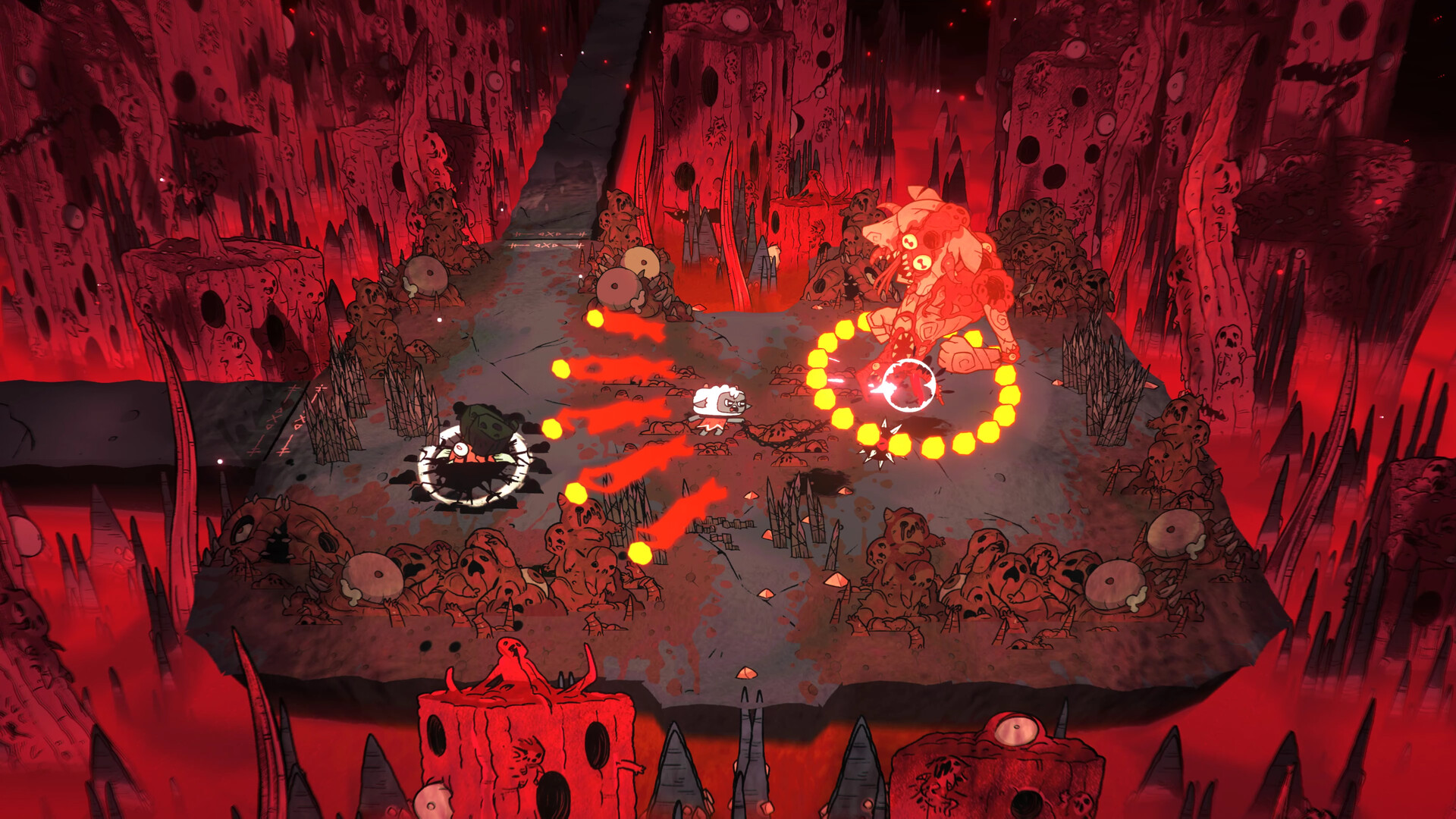 Una oveja blanca lucha contra un demonio rojo en un entorno infernal rojo sangre.