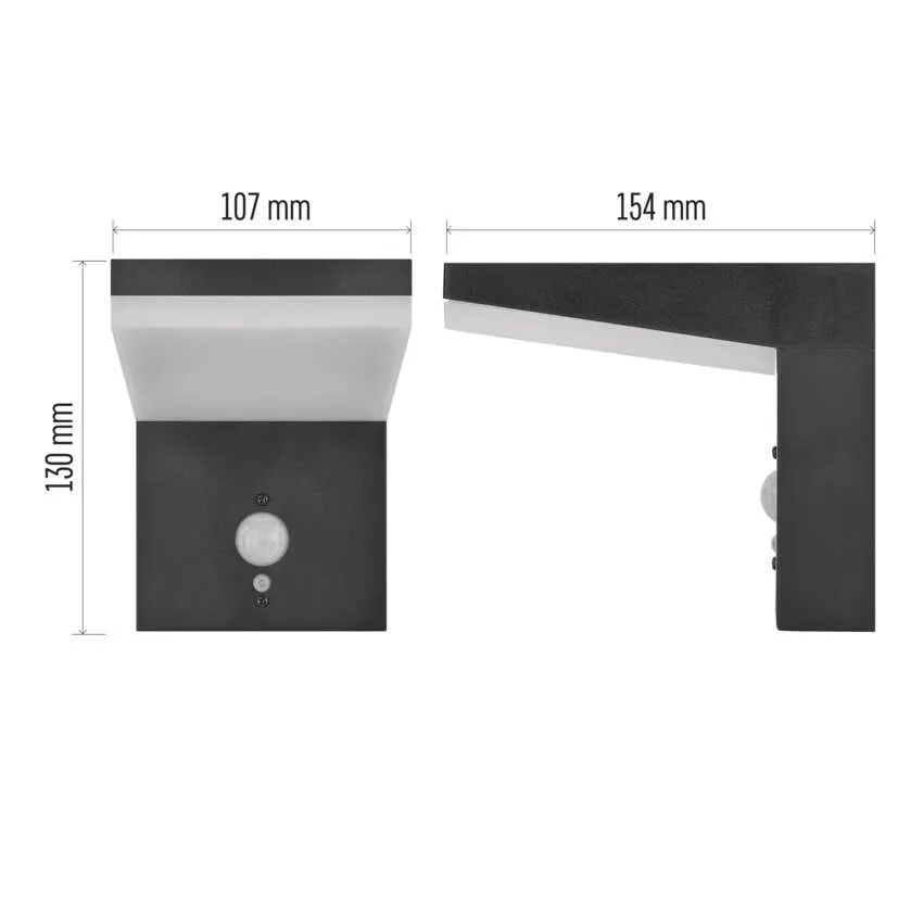 Fekete falilámpa mozgásérzékelővel. Méretek 107x154x130 mm.