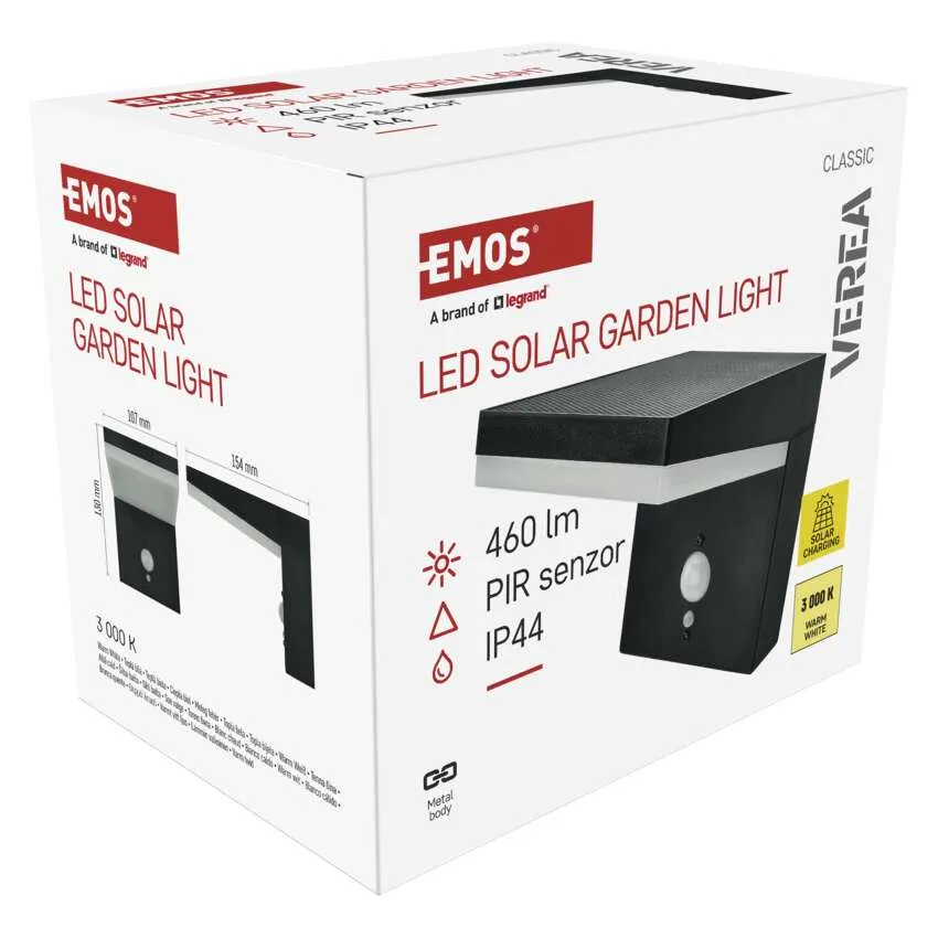 EMOS LED-es kerti napelemes lámpa csomagolása technikai részletekkel.