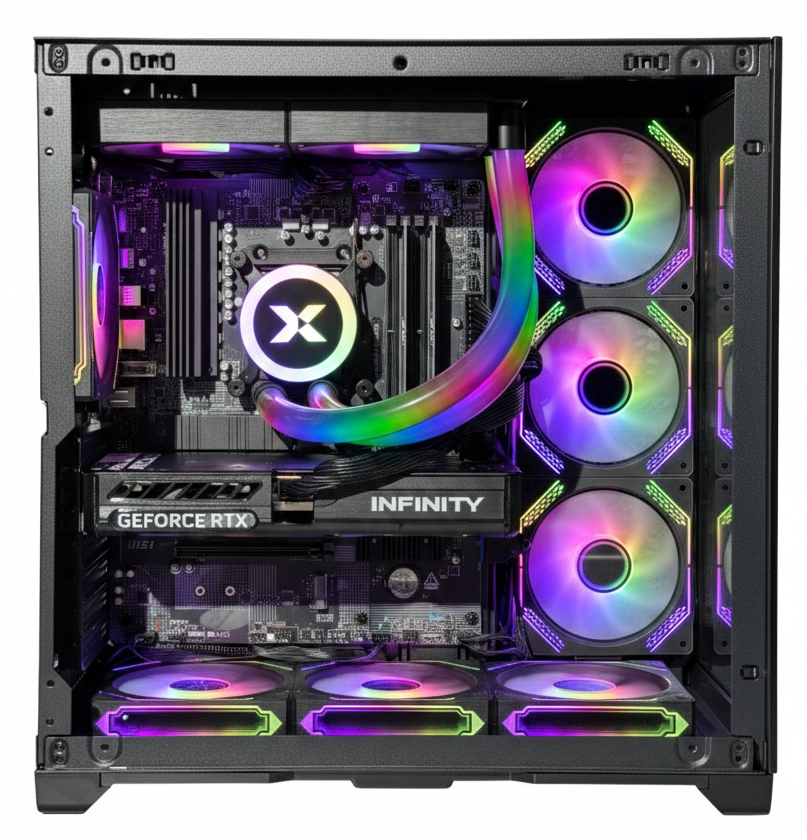 Ein PC-Gehäuse mit RGB-Lüftern, Grafikkarte und CPU-Kühler.