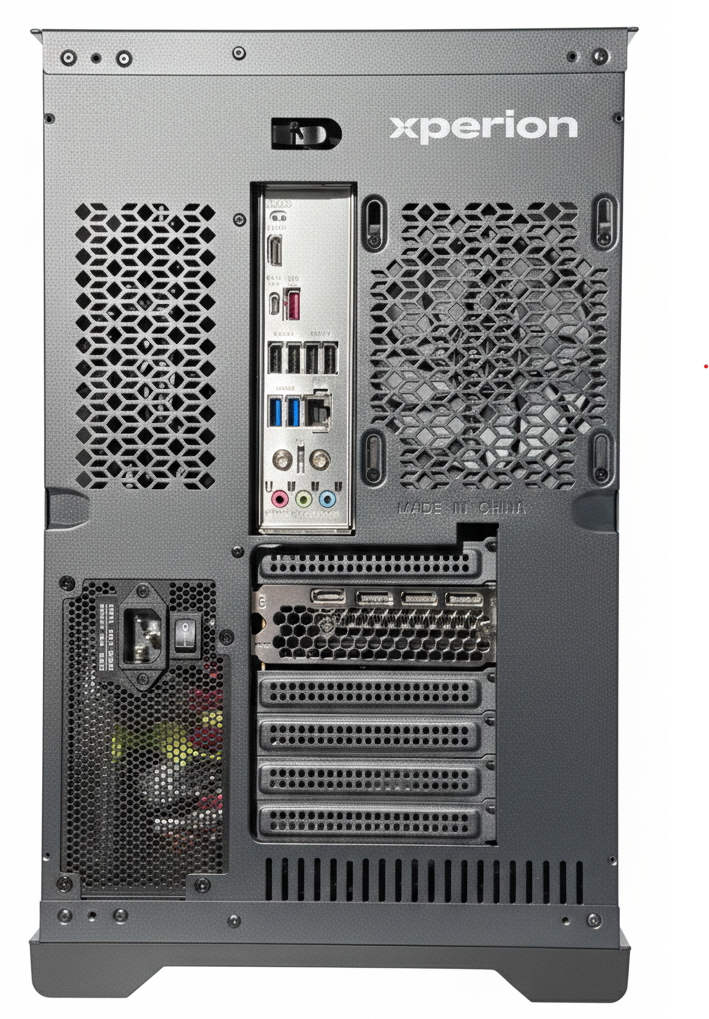 Rückseite eines PCs mit Anschlüssen, Lüftungsschlitzen und dem Logo 'xperion'.