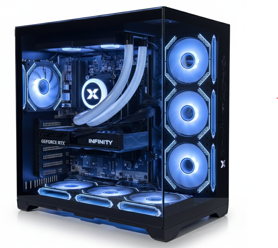Ein PC-Gehäuse mit blauen Lichtern, Lüftern und Komponenten.