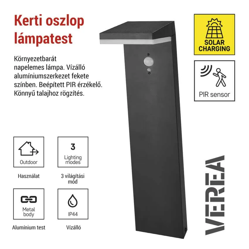 Fekete alumínium napelemes kerti lámpa PIR-érzékelővel, vízálló, 3 mód.
