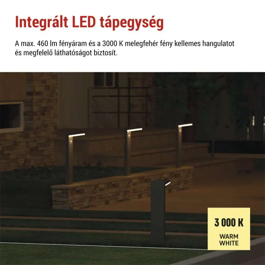 Modern LED-es kültéri lámpák világítanak meg egy ösvényt éjszaka. Melegfehér fény.