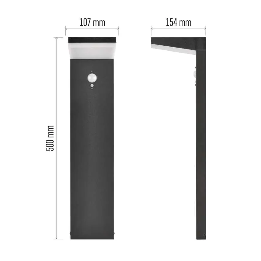 Sötét, téglalap alakú kültéri lámpa mozgásérzékelővel. Méretek: 500x107mm.
