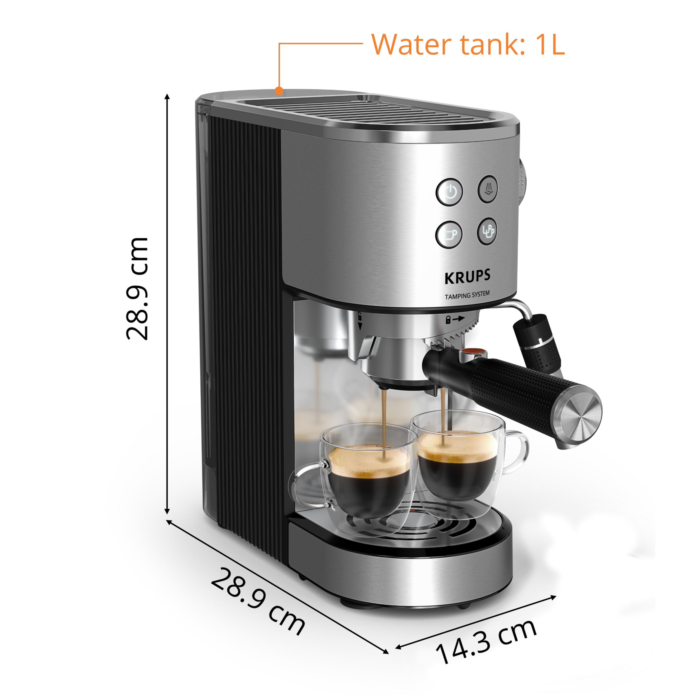 Máquina de espresso Krups con dos tazas de vidrio siendo llenadas con espresso.