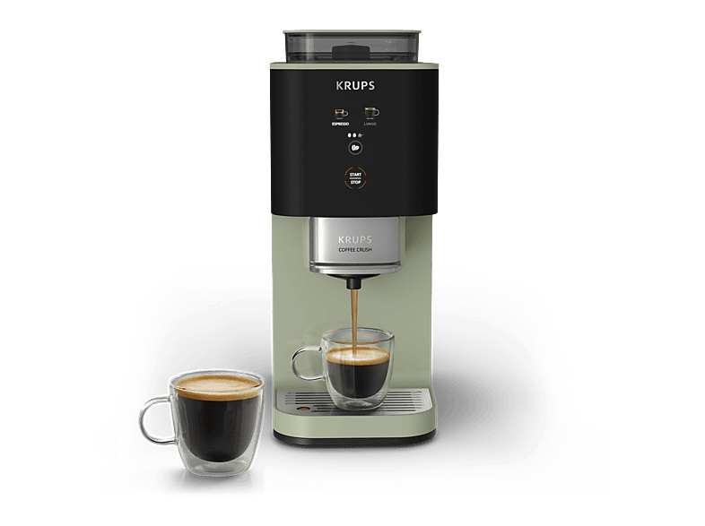 Cafetera superautomática - Krups Coffee Crush, Café en grano y molido, 15 bares, 2 recetas de café, Táctil, Compacta, 3 niveles molienda, Verde