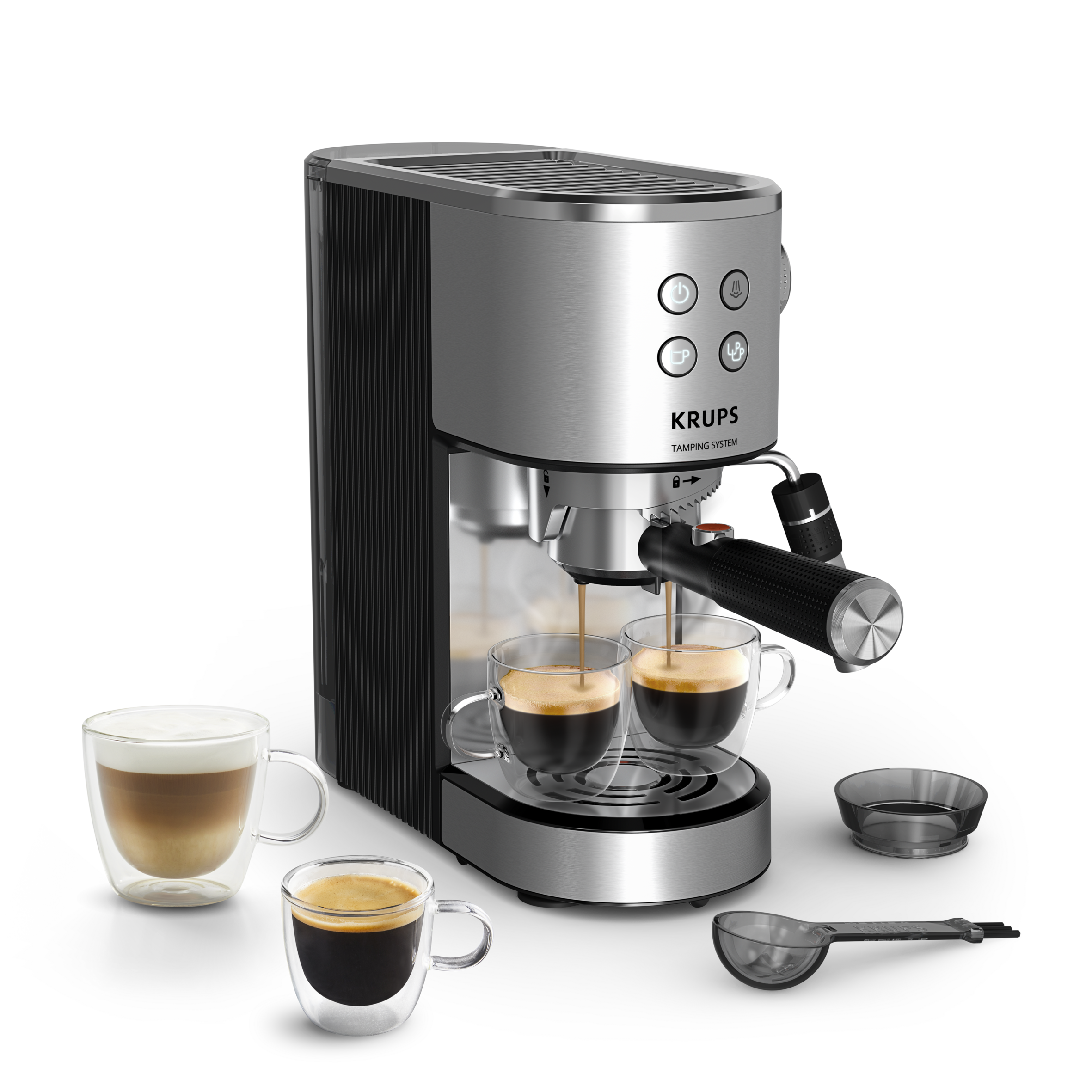 Una cafetera KRUPS plateada prepara dos tazas de espresso.