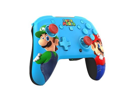 Controlador azul con personajes de Mario y Luigi y logo de Super Mario.