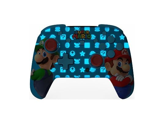 Controlador azul con Mario y Luigi, tema Super Mario e iconos brillantes.