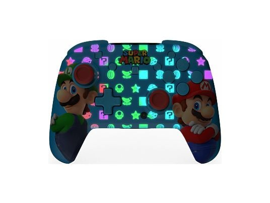 Controlador azul de Super Mario con personajes de Mario y Luigi e íconos.