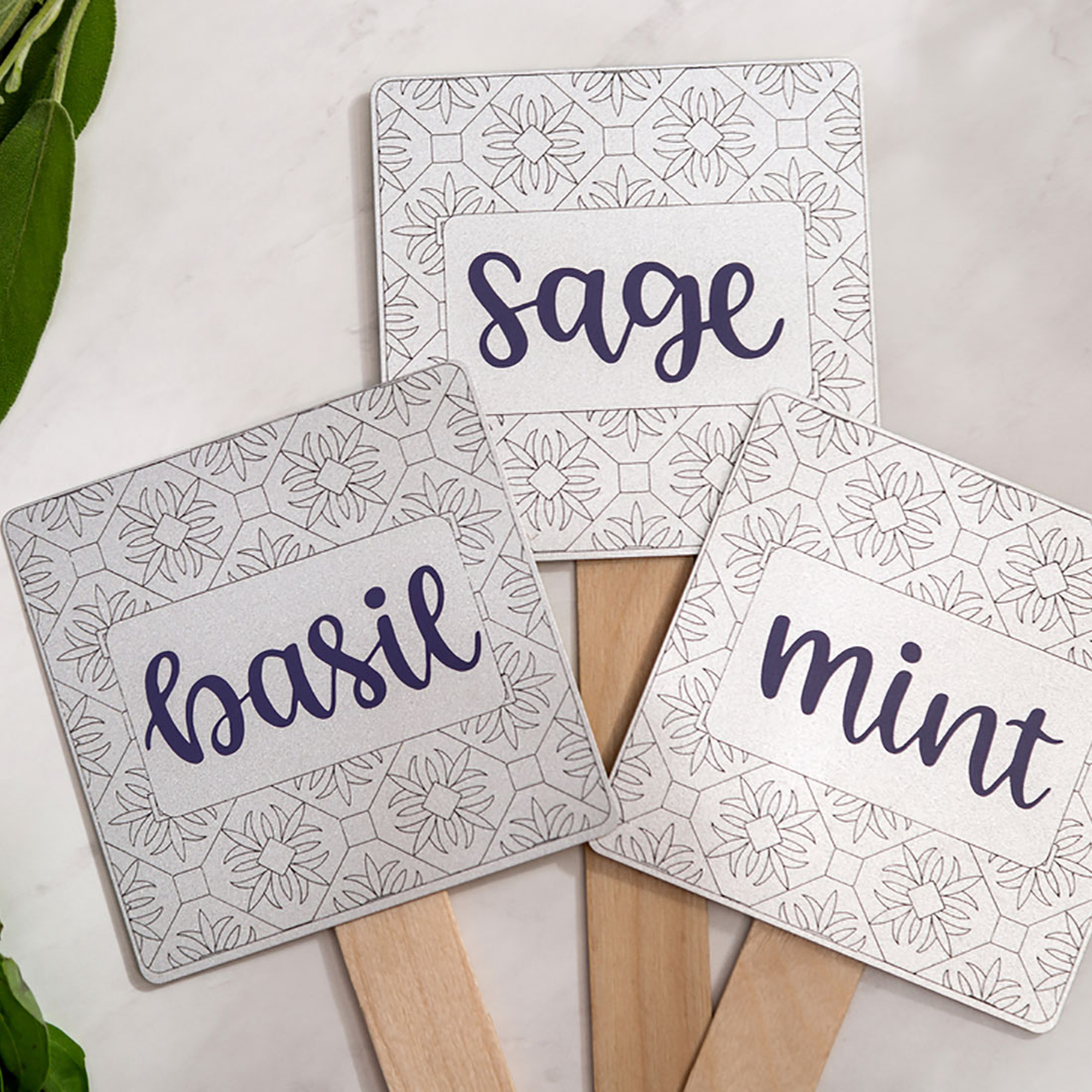 Tres letreros para hierbas: albahaca, salvia y menta, en estacas.