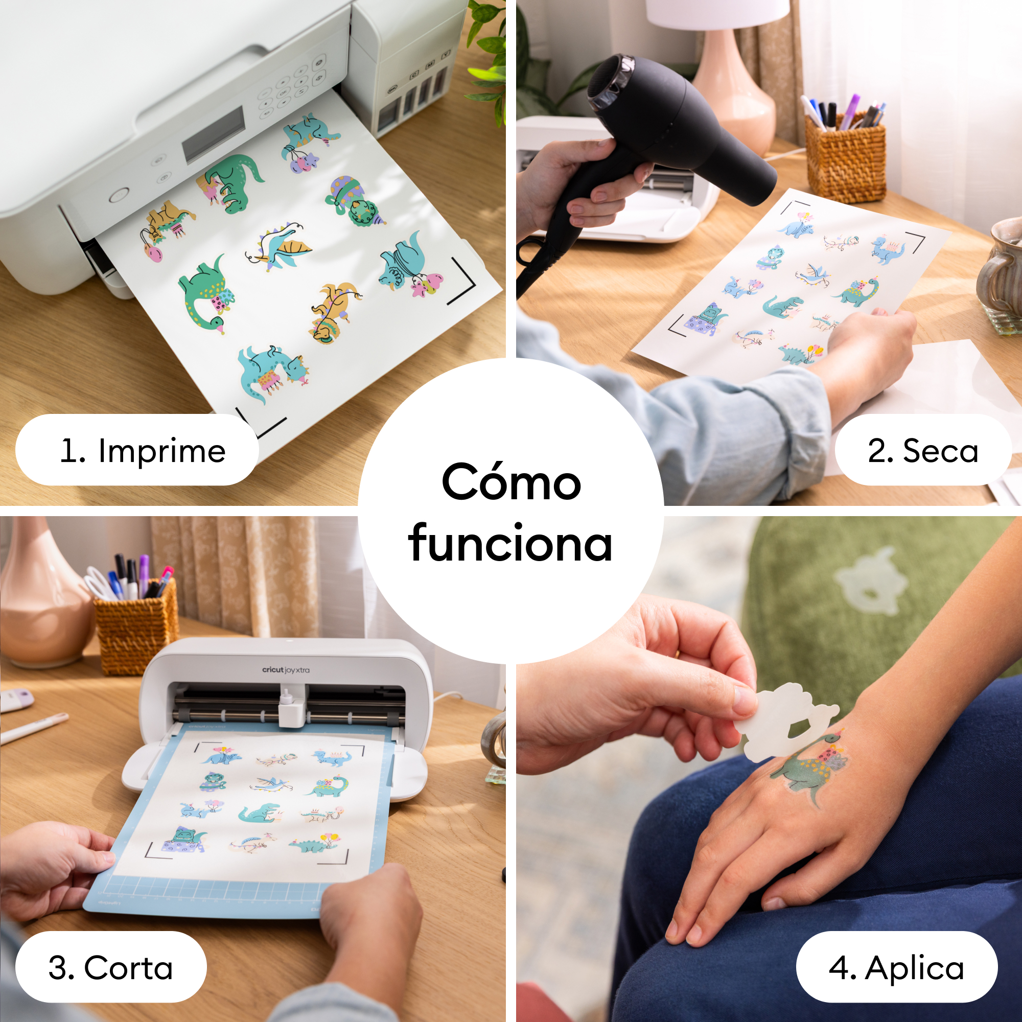 Cuatro pasos: Imprimir, secar, cortar y aplicar pegatinas de dinosaurios.