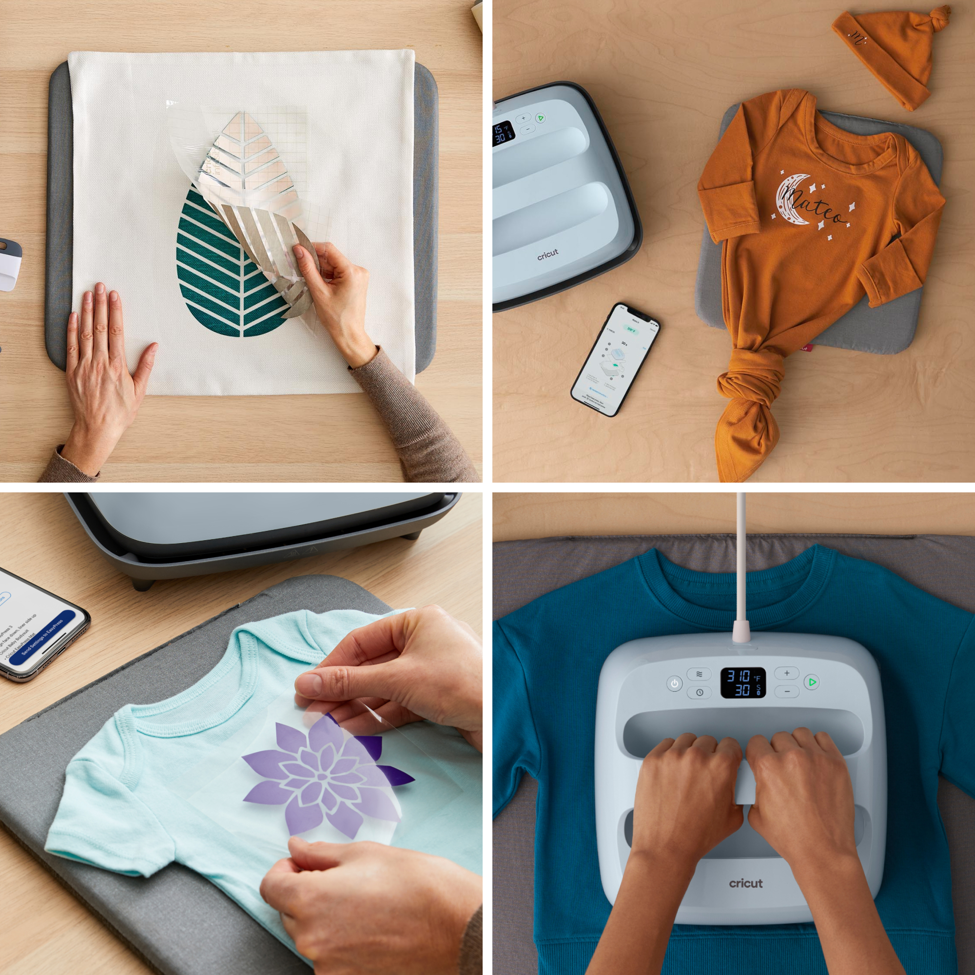 Cuatro imágenes muestran una Cricut EasyPress usándose para aplicar diseños a artículos de tela.