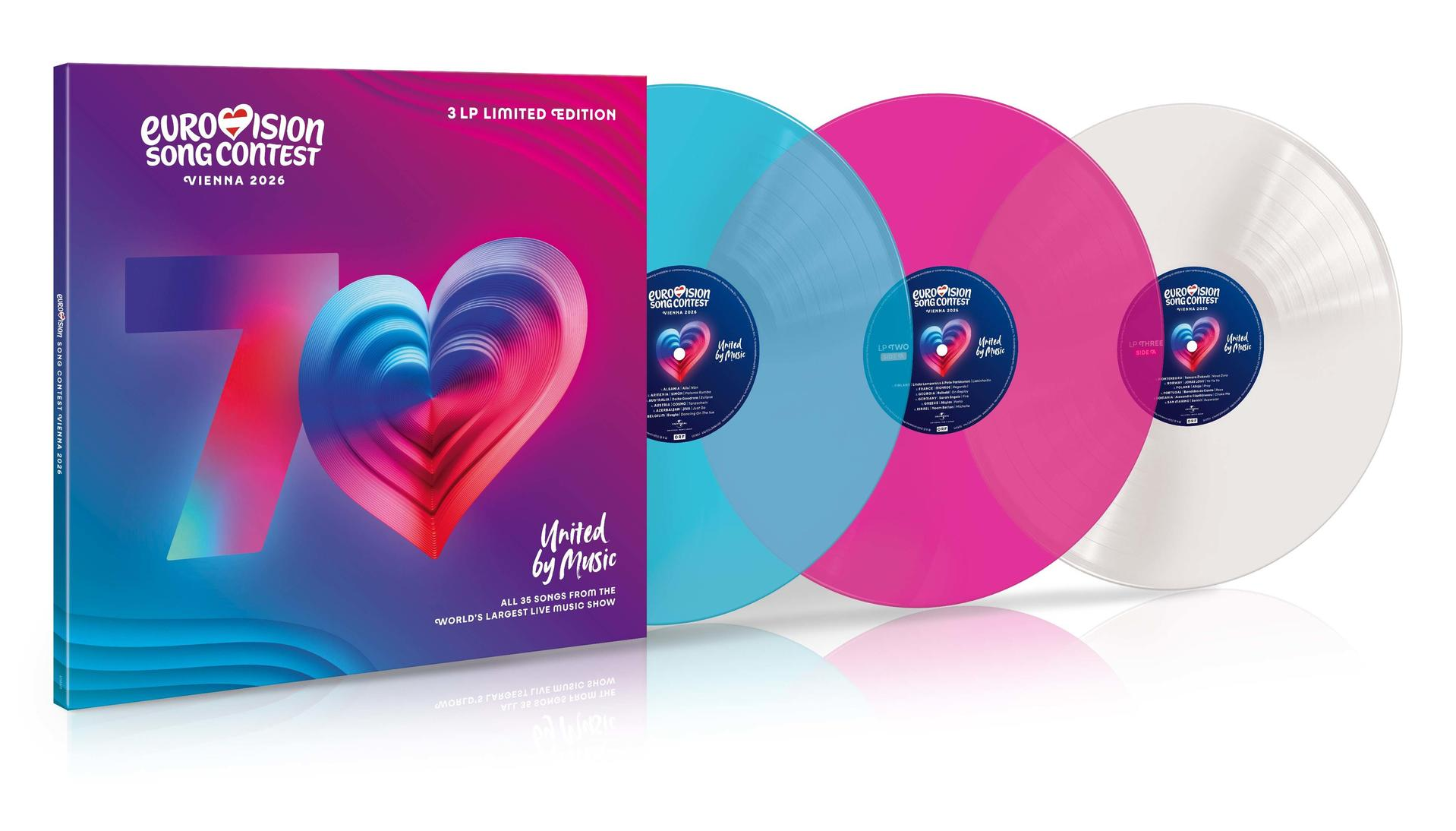 Eurovision Song Contest 2026 Vinyl-Set mit drei LPs in Blau, Rosa und Weiß.