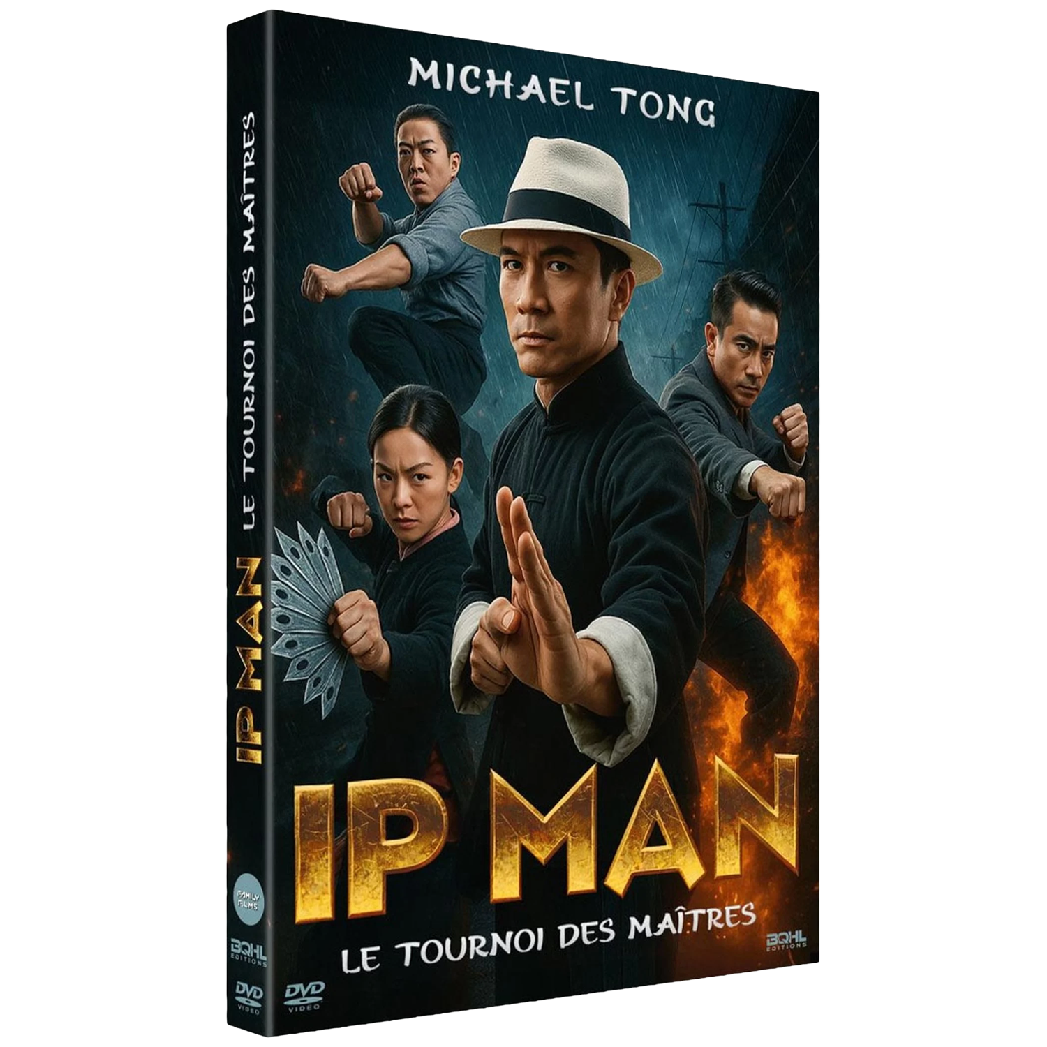 DVD-hoes met Michael Tong als Ip Man, omringd door vechters. Titel: Ip Man Le Tournoi Des Maîtres.