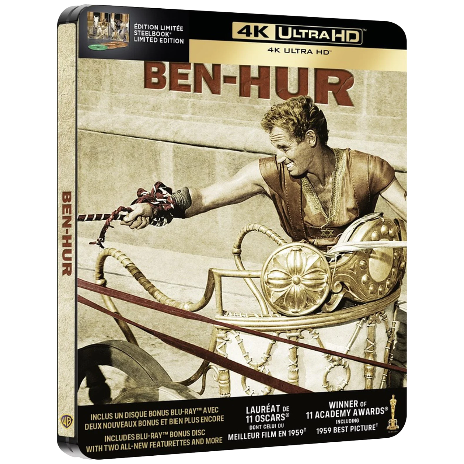 Boîtier Steelbook Ben-Hur avec Charlton Heston dans une course de chars.