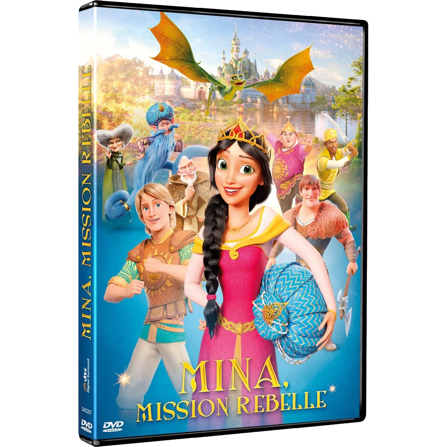 Dvd-hoes: Mina, Missie Rebel met prinses en gevolg voor een kasteel.